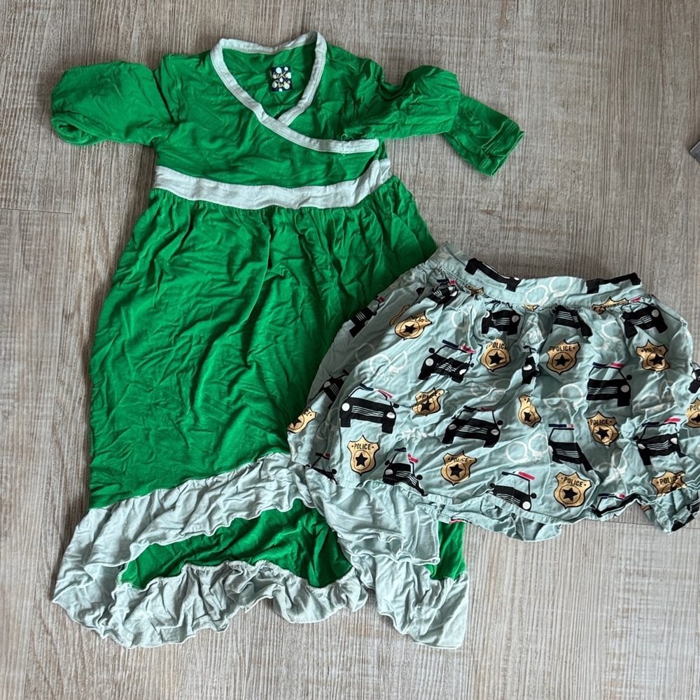 Kickee Pants brand Green Knit Wrap Dress and Police Print skirt, 4T